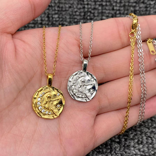 The Girl Picking Stars 18K Golden Stainless Steel Moon Charm Necklace