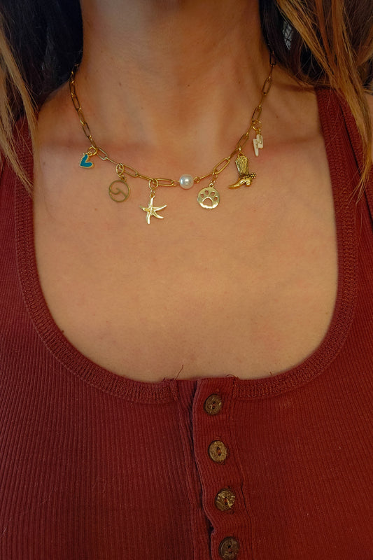 Water Proof Stainless Steel / Gold Paperclip Necklace With Pearl