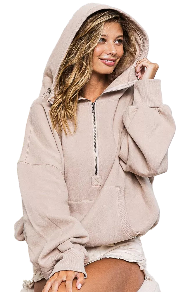 BiBi Stitch Detailed Elastic Hem Half Zip Fleece Hoodie