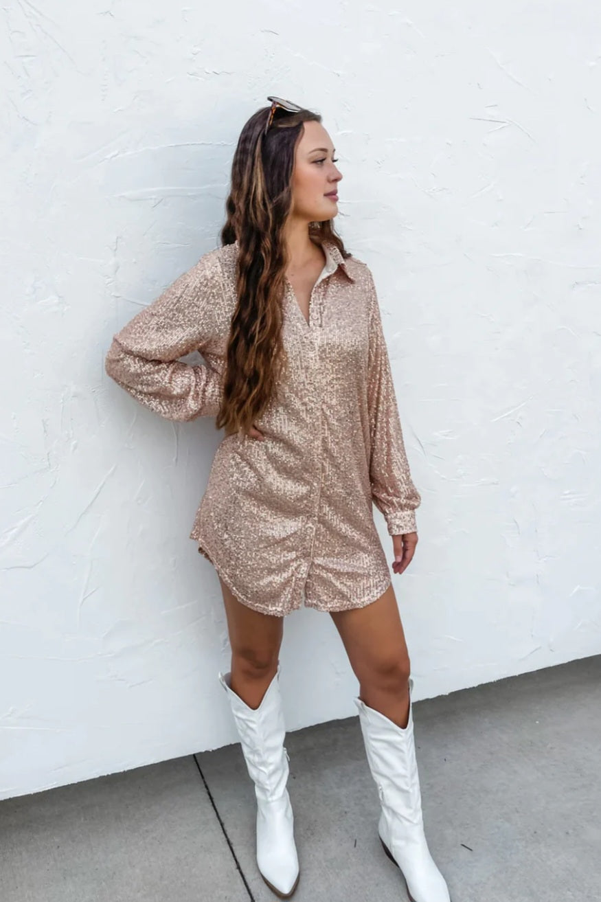Studio|Watch Me Shine Sequin Button Up Dress stay golden sunless boutique Studio|Watch Me Shine Sequin Button Up Dress stay golden sunless boutique
