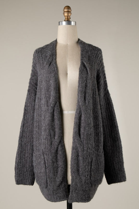 Old Money Cozy Twist Braid Cable Knit Cardigan In Charcoal|Studio