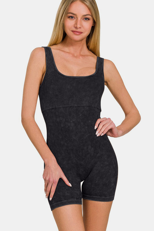 Zenana Mineral Washed Ribbed Romper