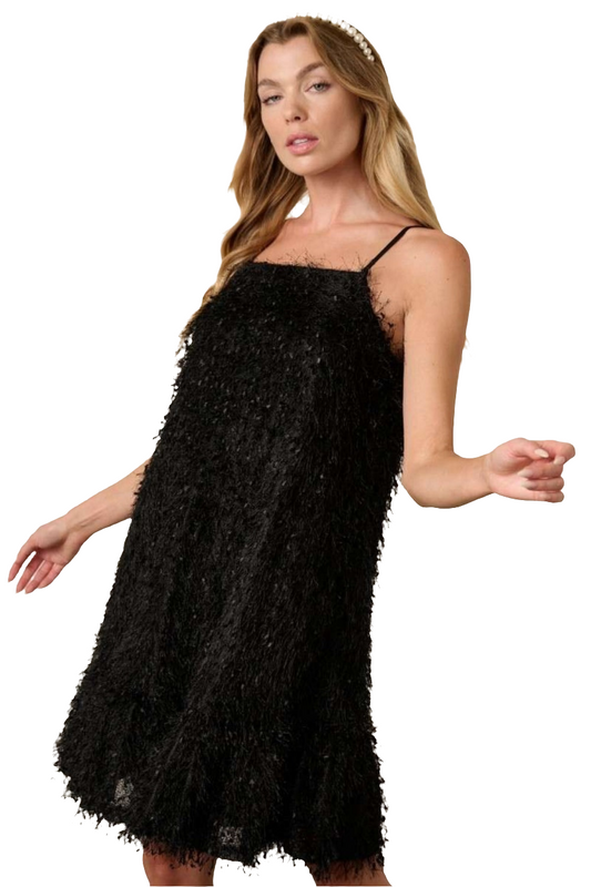 Warehouse|Little Black Feather Ruffle Hem Mini Cami Dress