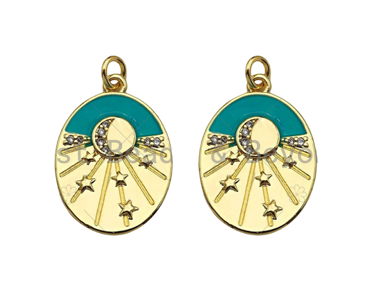 Gold Filled Turquoise Enamel with Radial Star On Oval Shape Pendant CZ Micro Pave 18K Gold Filled Charm