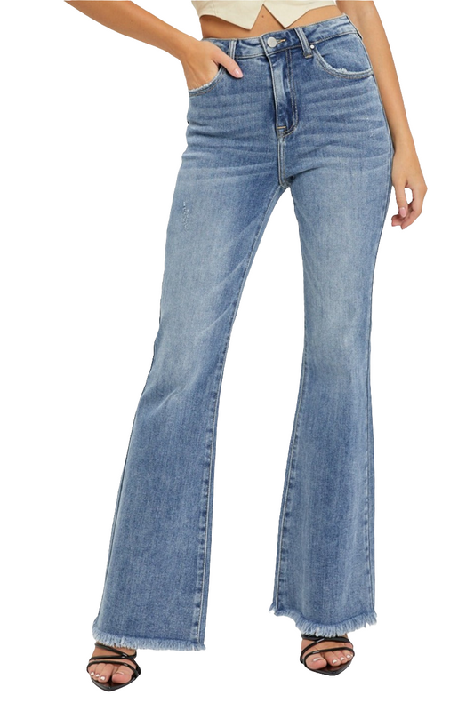 Warehouse|RISEN High Waist Raw Hem Flare Jeans
