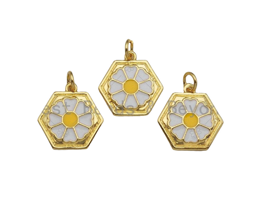 White Enamel Daisy Flower On Hexagon Shape Pendant Charm