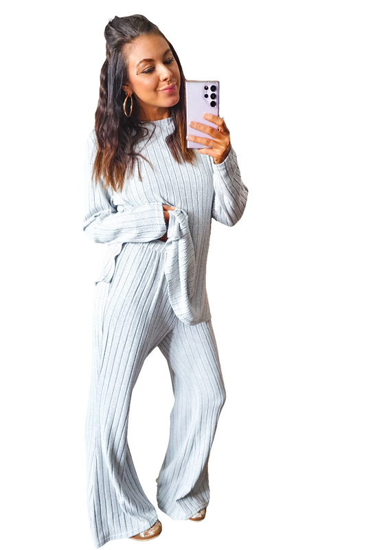 Warehouse|Classic Ribbed High-Low Top and Wide Leg Pants Lounge Set In Multiple Colors