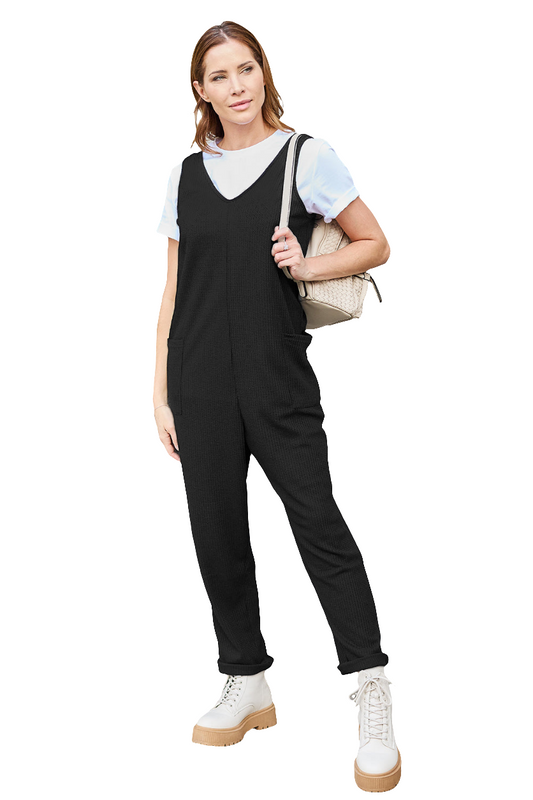 Warehouse|Waffle Knit Sleeveless Straight Jumpsuit