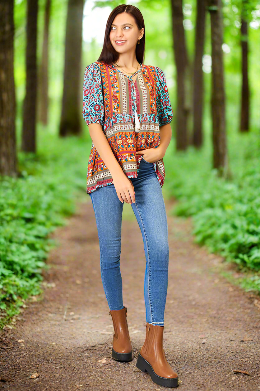 Whimsy Bohemian Tassel Tie Puff Sleeve Babydoll Blouse