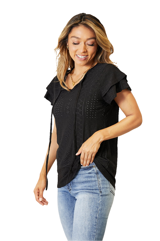 Feeling Cute Eyelet Tie-Neck Flutter Sleeve Blouse