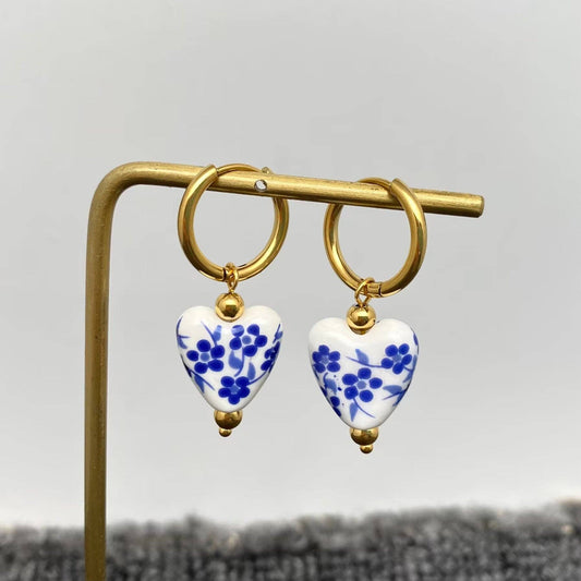 Cottagecore Blue and White Porcelain 18K Golden Huugie Earrings