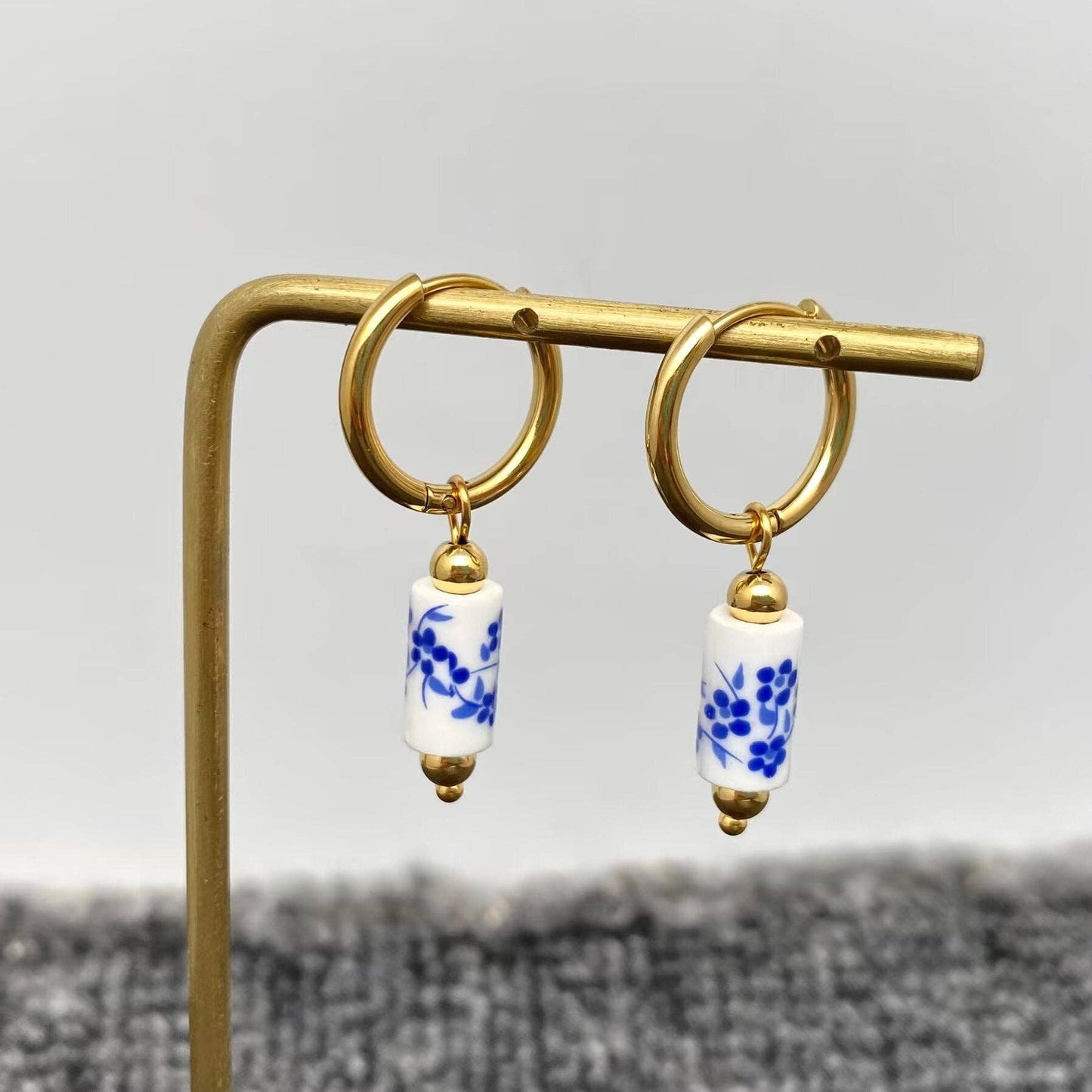 Cottagecore Blue and White Porcelain 18K Golden Huugie Earrings