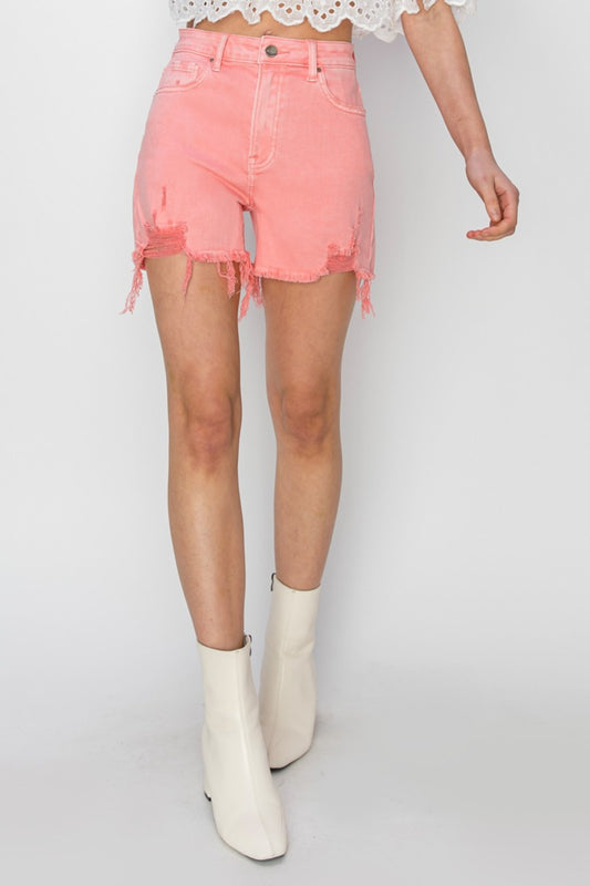 RISEN High Rise Distressed Denim Shorts In Flamingo