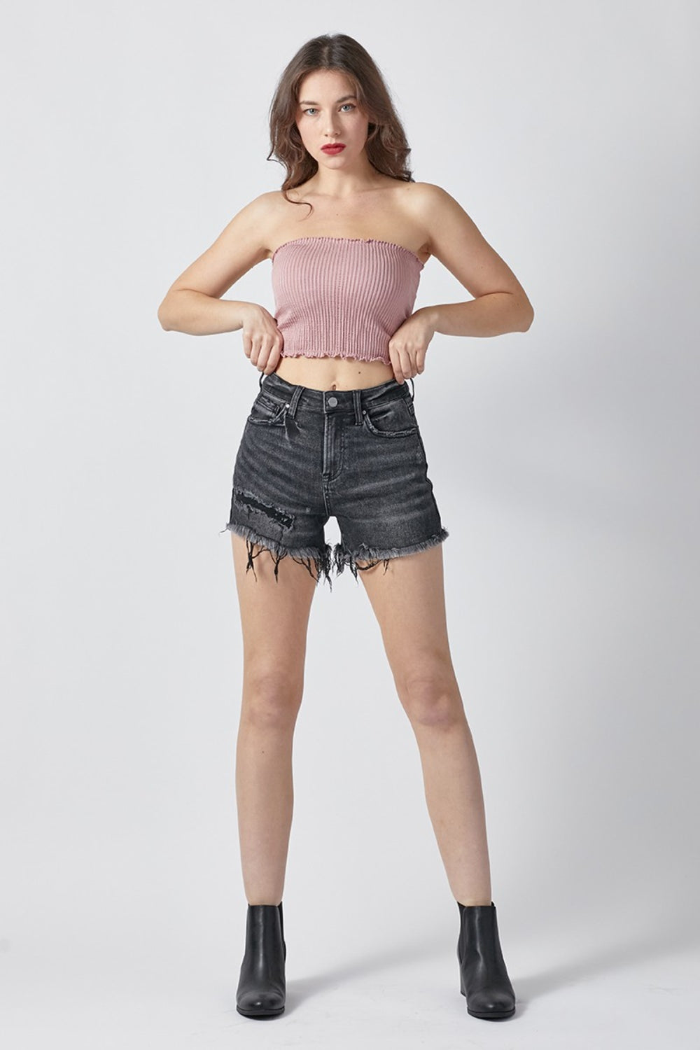RISEN Raw Hem Denim Shorts with Pockets In Black