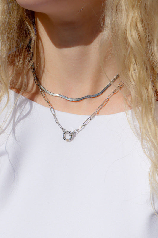 18K Gold PVD Paperclip Necklace with Rhinestone Carabiner Charm Bar