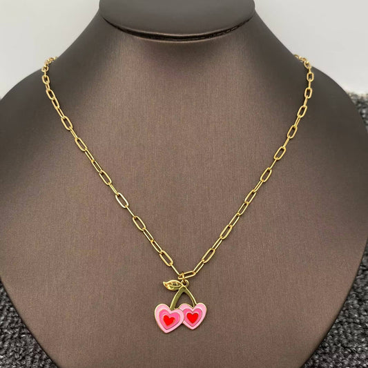 Pink Heart Cherry Charm 18K Gold Plated Stainless Steel Necklace