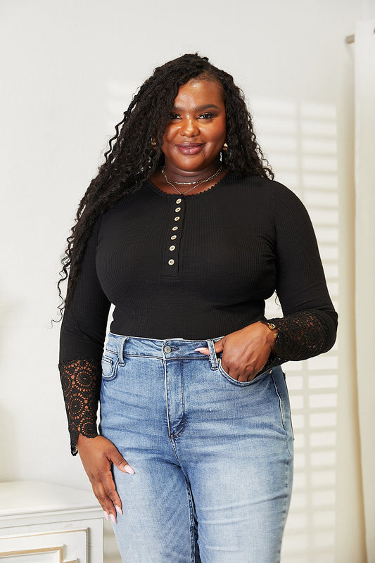 Crochet Lace Hem Sleeve Button Top In Black