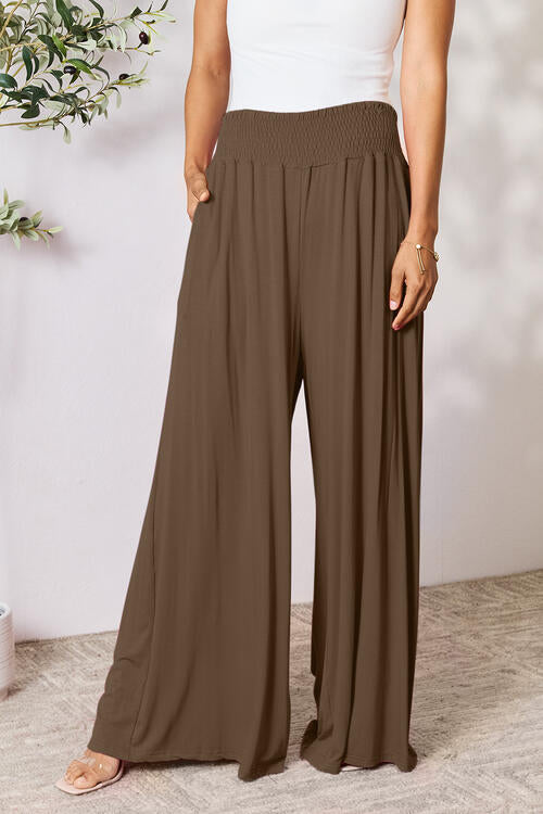Boho Smocked Wide Waistband Wide Leg Pants In Multiple Colors