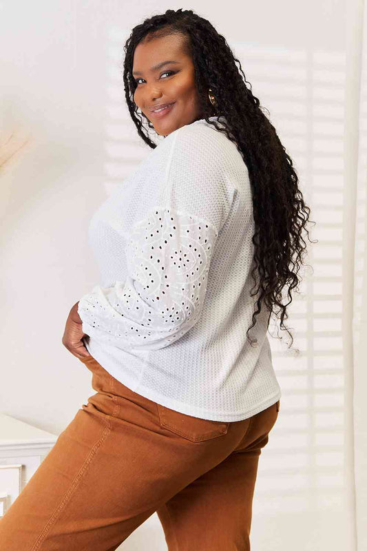 Classy Eyelet Dropped Shoulder Round Neck Blouse In White