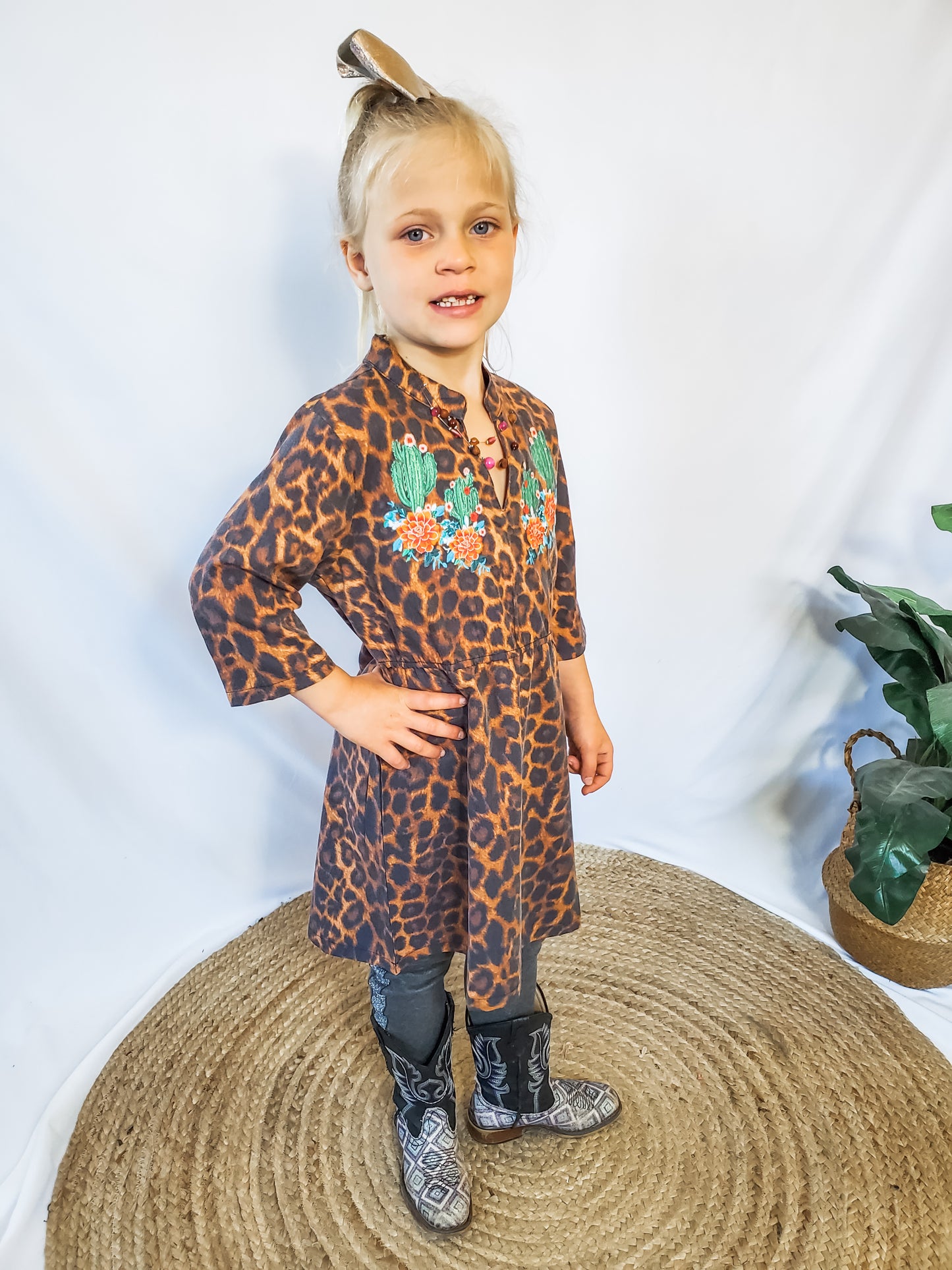 Amber Leopard Cactus Embroidered Dress - Kids