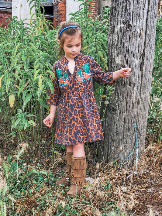 Amber Leopard Cactus Embroidered Dress - Kids