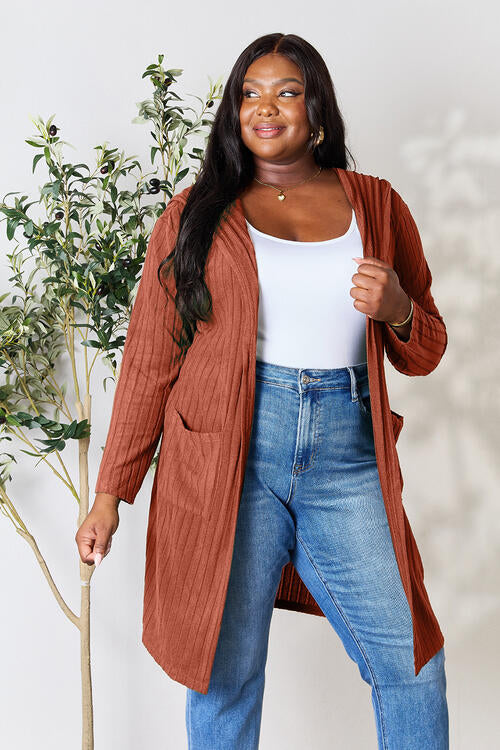 Warehouse|Ribbed Open Front Long Sleeve Hooded Cardigan In Multiple Colors