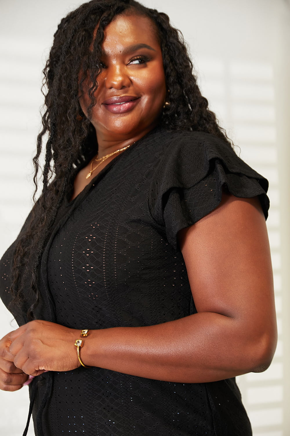 Feeling Cute Eyelet Tie-Neck Flutter Sleeve Blouse