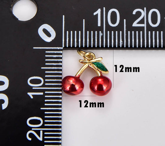 Gold Filled Red Enamel Cherry Fruit Charm Pendant