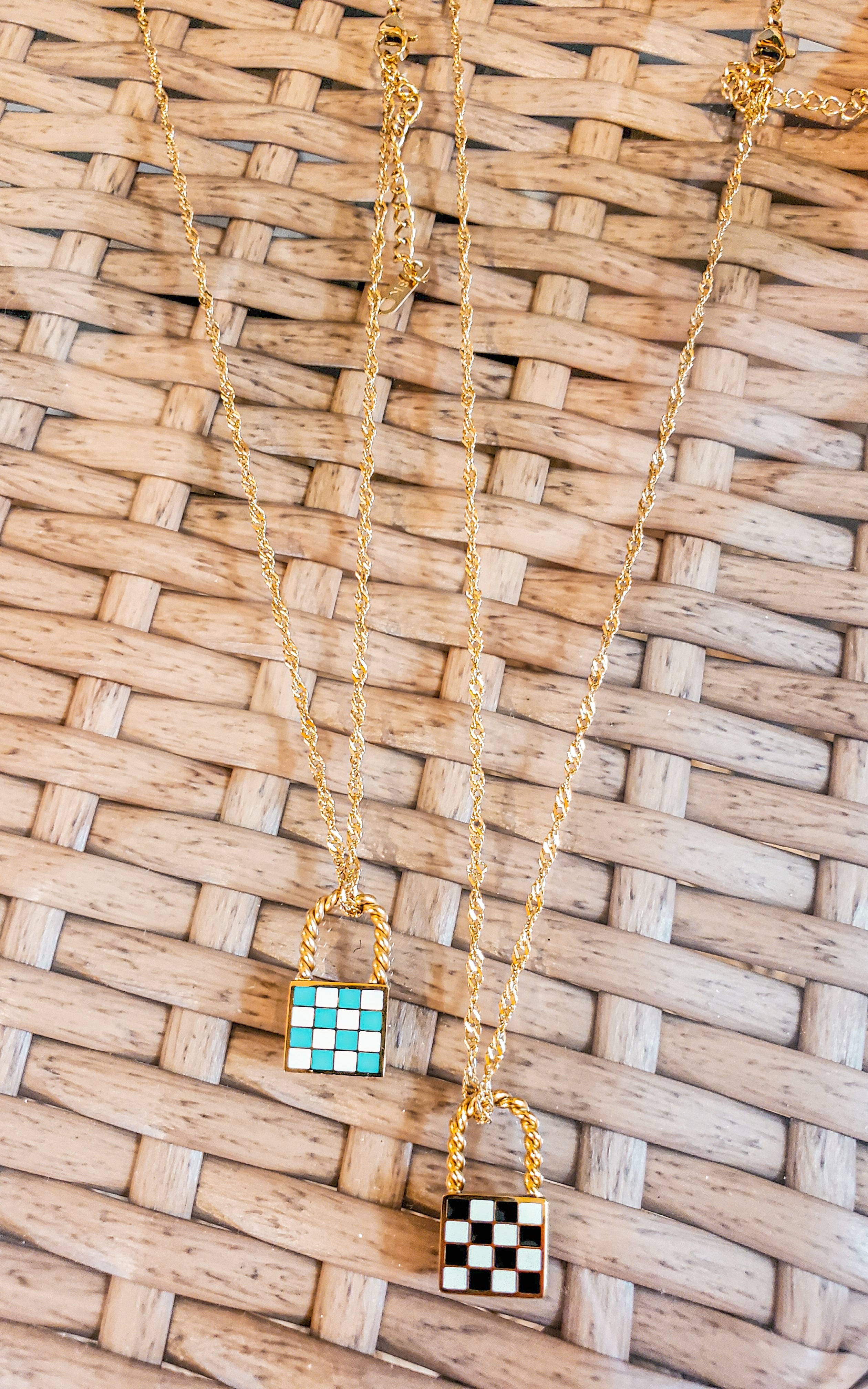 Let's Go Racing Checkered Locket Necklace 18K Gold Plated