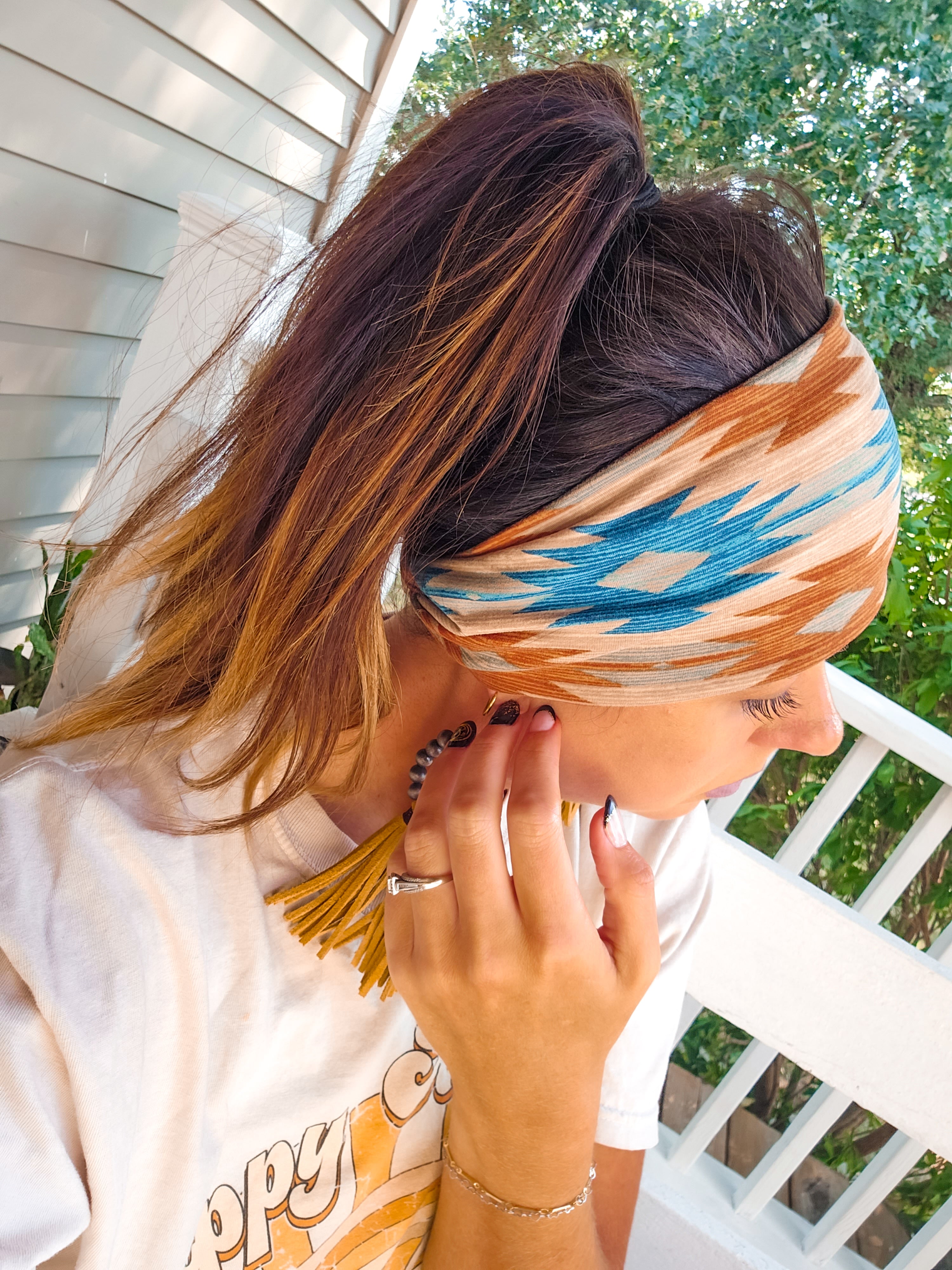 Boho Twisted Wide Topknot Headband In Teal Tribal
