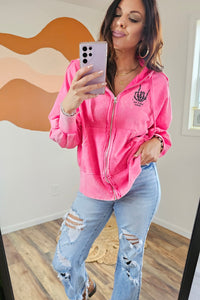 Go Find Less Acid Washed French Terry Zip-Up Hoodie In Fuchsia