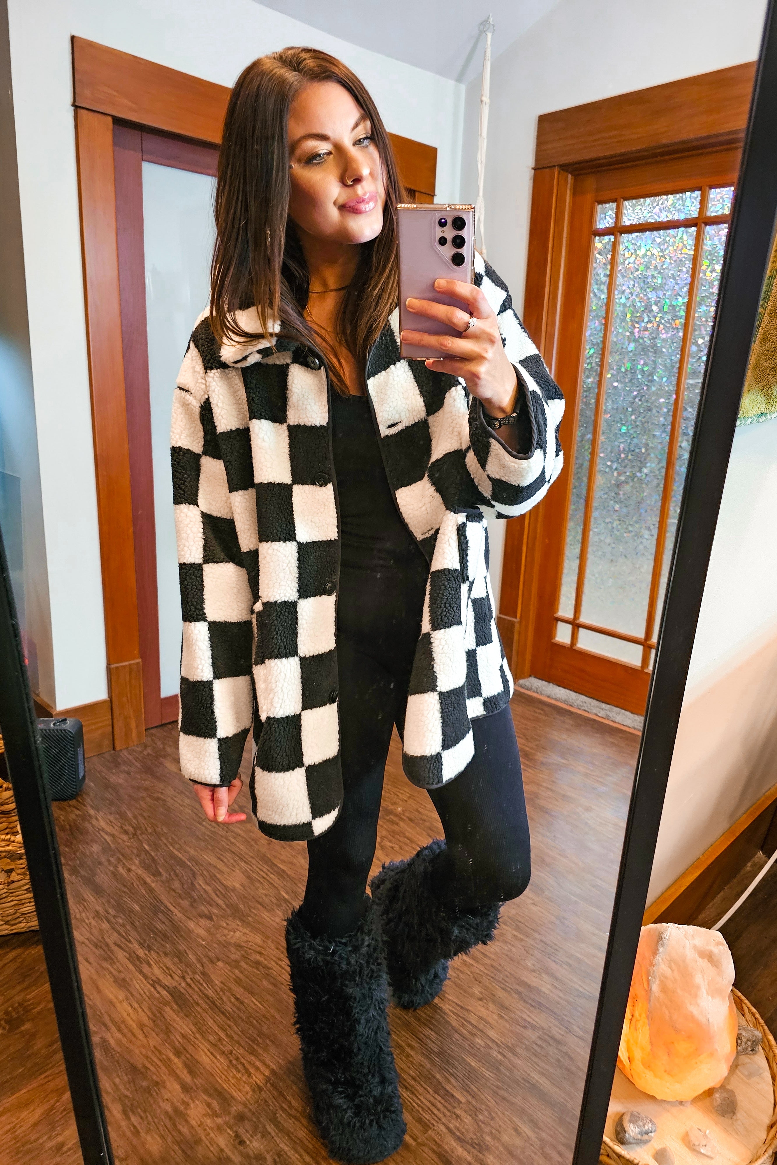 Cozy Checkered Shacket Button Front Coat with Pockets