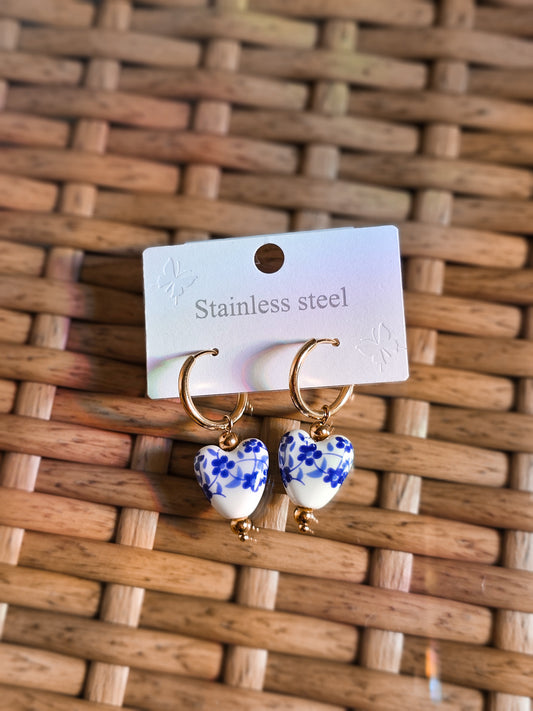 Cottagecore Blue and White Porcelain 18K Golden Huugie Earrings
