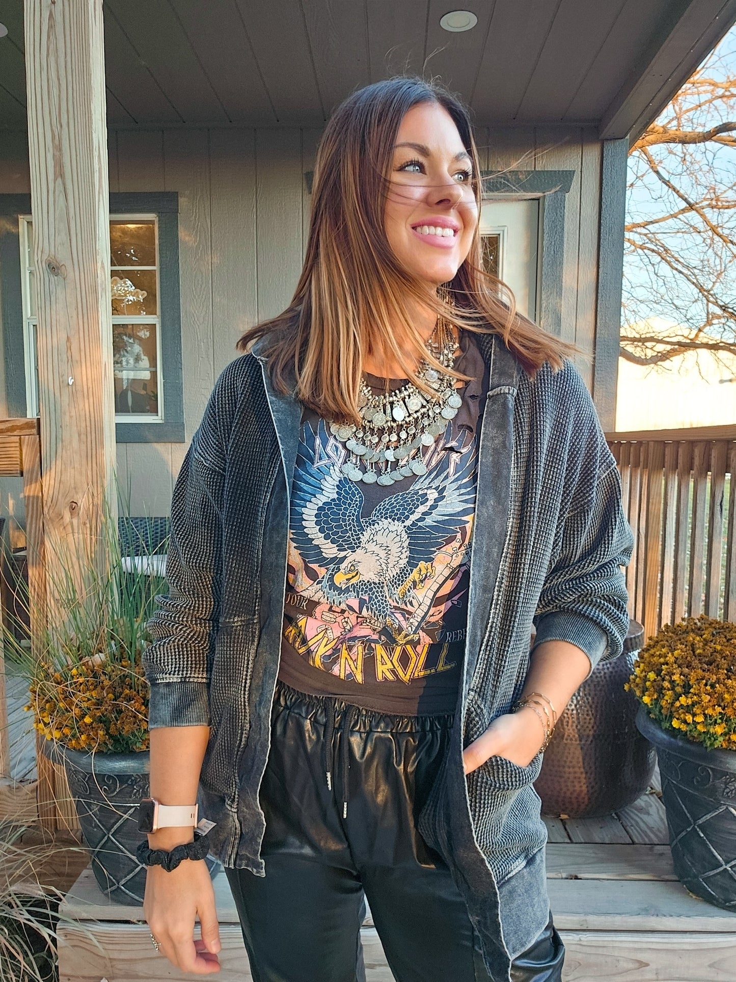 Grab And Go 100% Cotton Waffle Knit Mineral-Washed Hooded Cardigan In Black