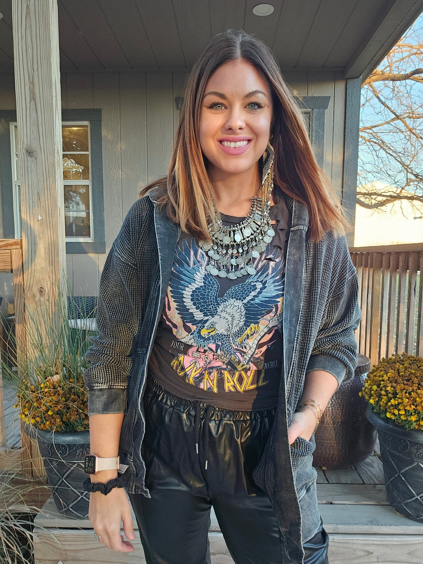 Grab And Go 100% Cotton Waffle Knit Mineral-Washed Hooded Cardigan In Black