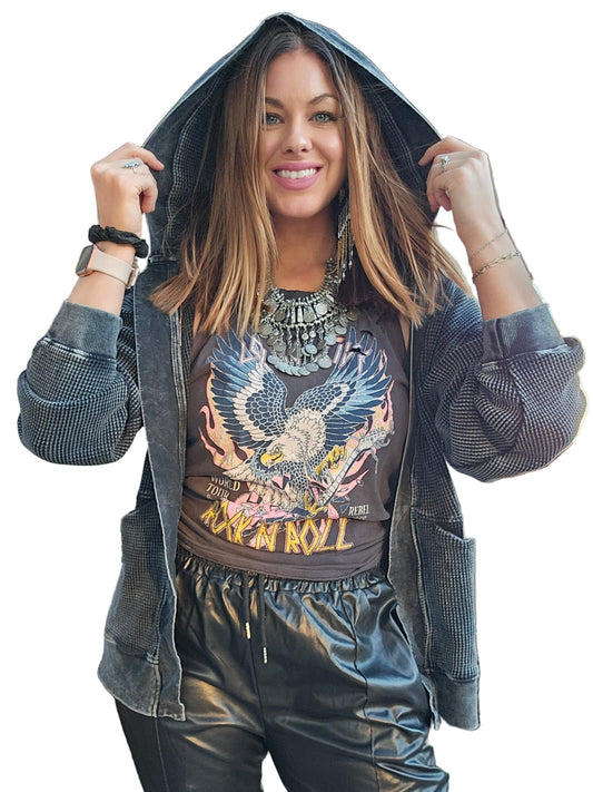 Grab And Go 100% Cotton Waffle Knit Mineral-Washed Hooded Cardigan In Black