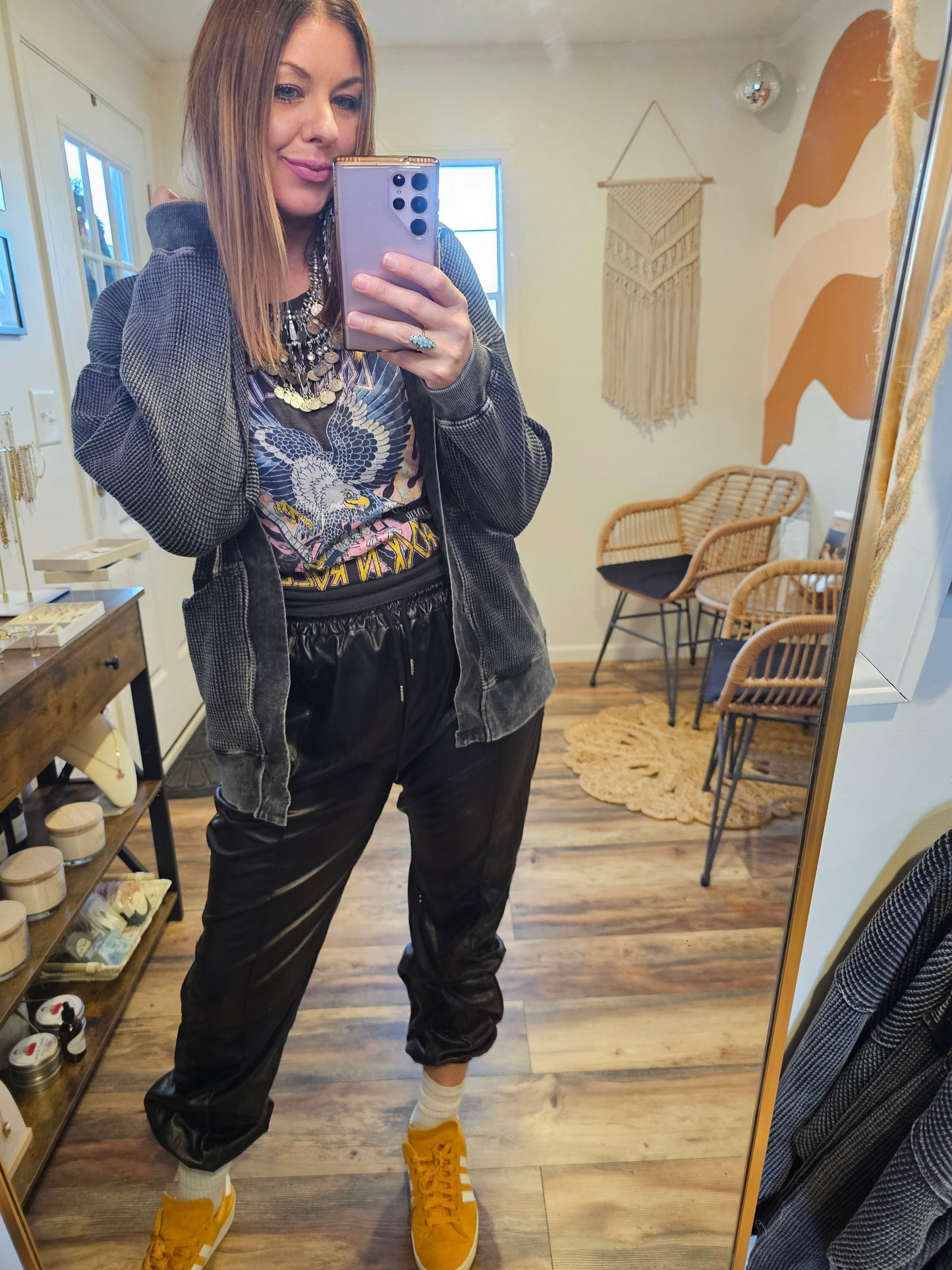 Grab And Go 100% Cotton Waffle Knit Mineral-Washed Hooded Cardigan In Black