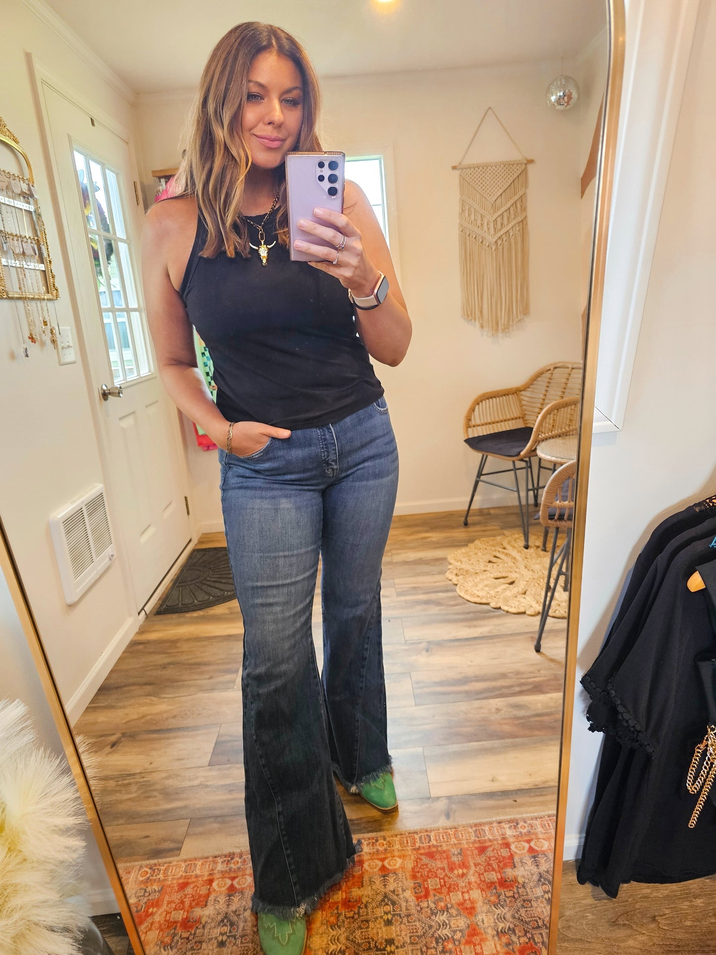 RISEN Mid Rise Flare Side Seam Detailing Jeans