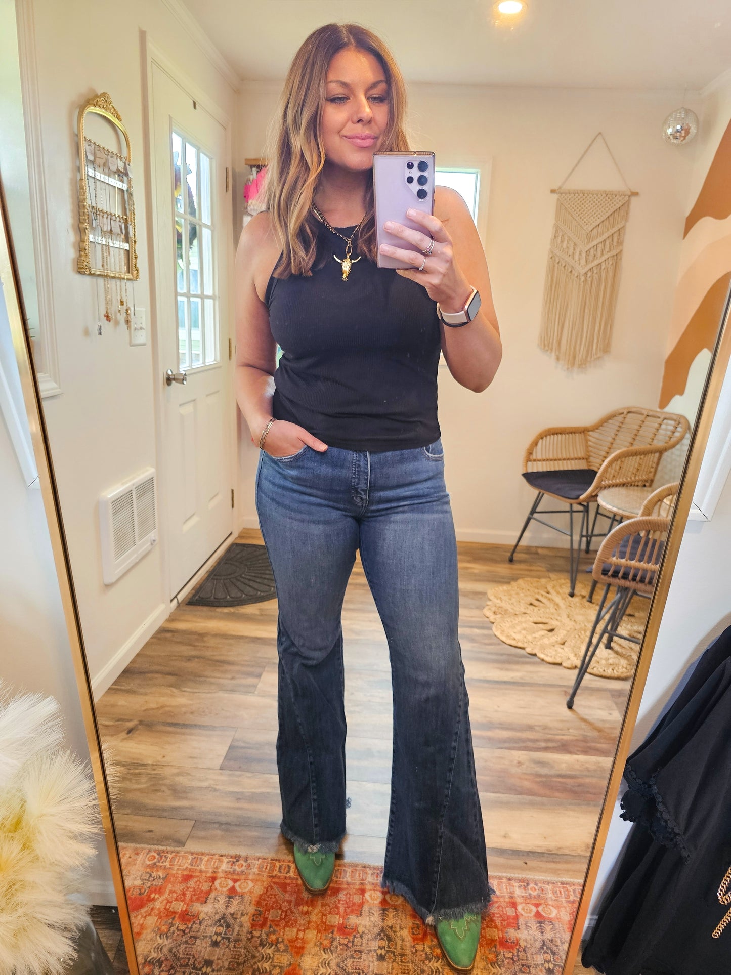 RISEN Mid Rise Flare Side Seam Detailing Jeans