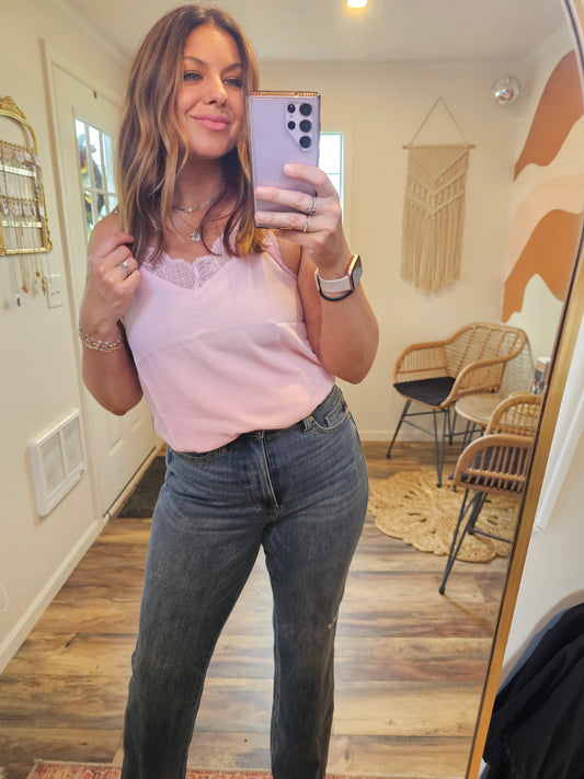 BiBi Lace Cami Solid Tank Top In Blush