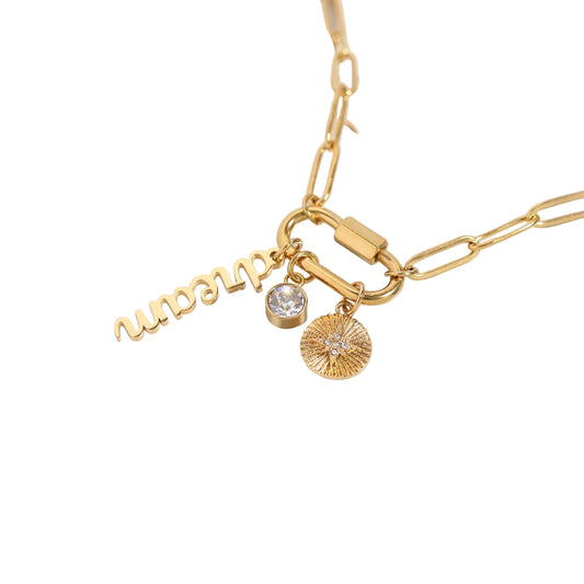 18K PVD Gold Carabiner "Dream" Paperclip Charm Necklace