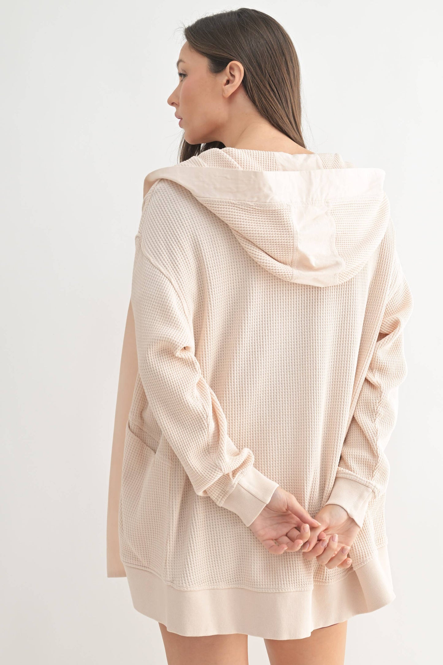 Grab And Go 100% Cotton Waffle Knit Mineral-Washed Hooded Cardigan In Black