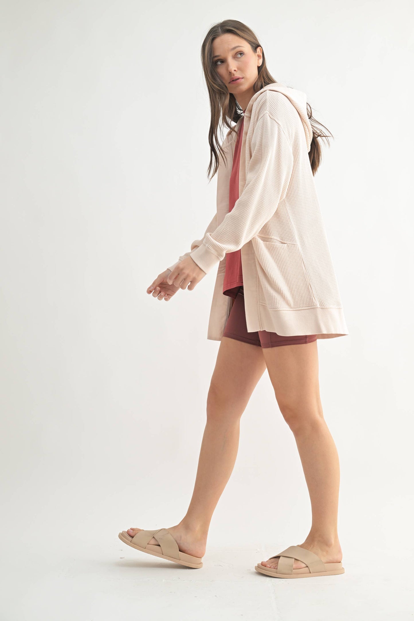 Grab And Go 100% Cotton Waffle Knit Mineral-Washed Hooded Cardigan In Black