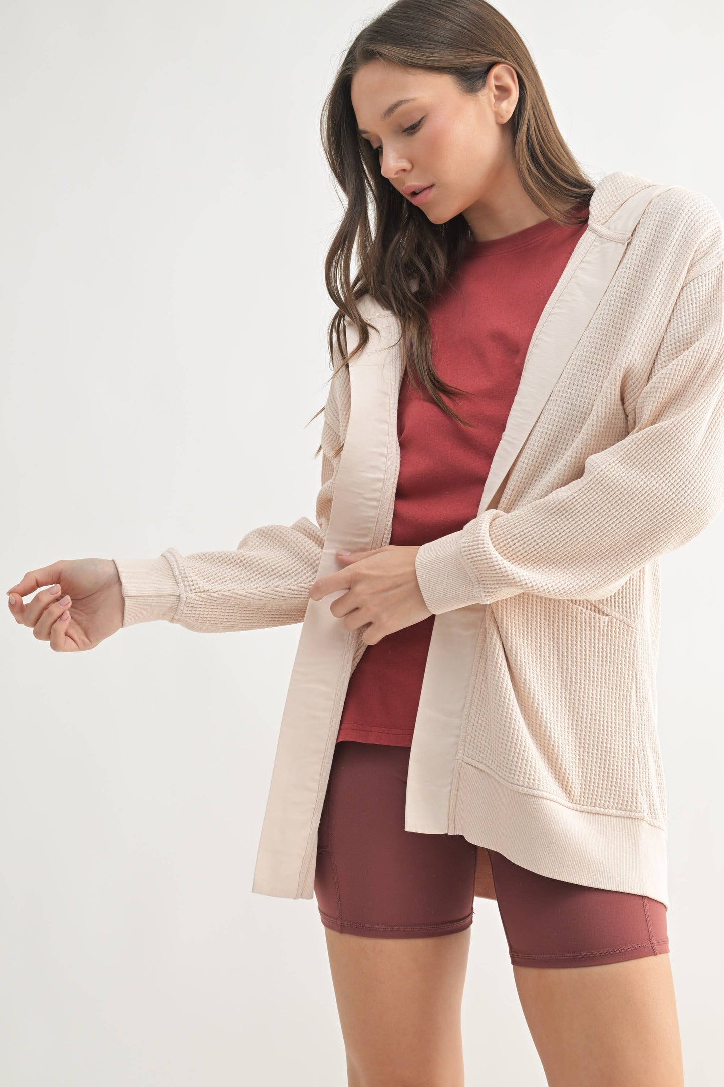 Grab And Go 100% Cotton Waffle Knit Mineral-Washed Hooded Cardigan In Black