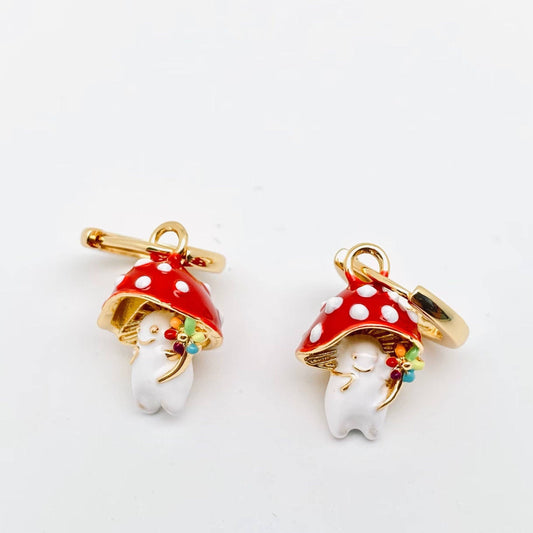 Cutie Toadstool 3D Enamel Mushroom Huggie Hoop Earrings