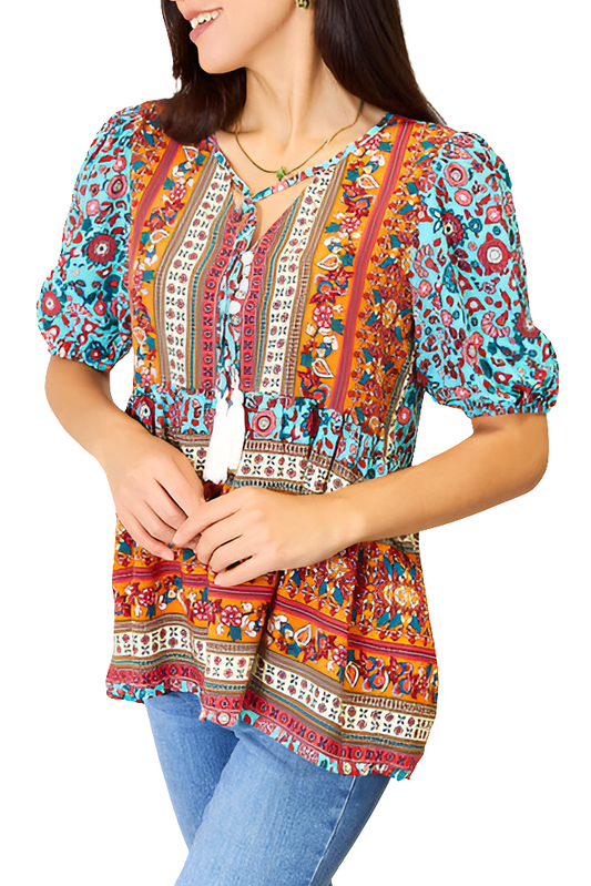 Whimsy Bohemian Tassel Tie Puff Sleeve Babydoll Blouse