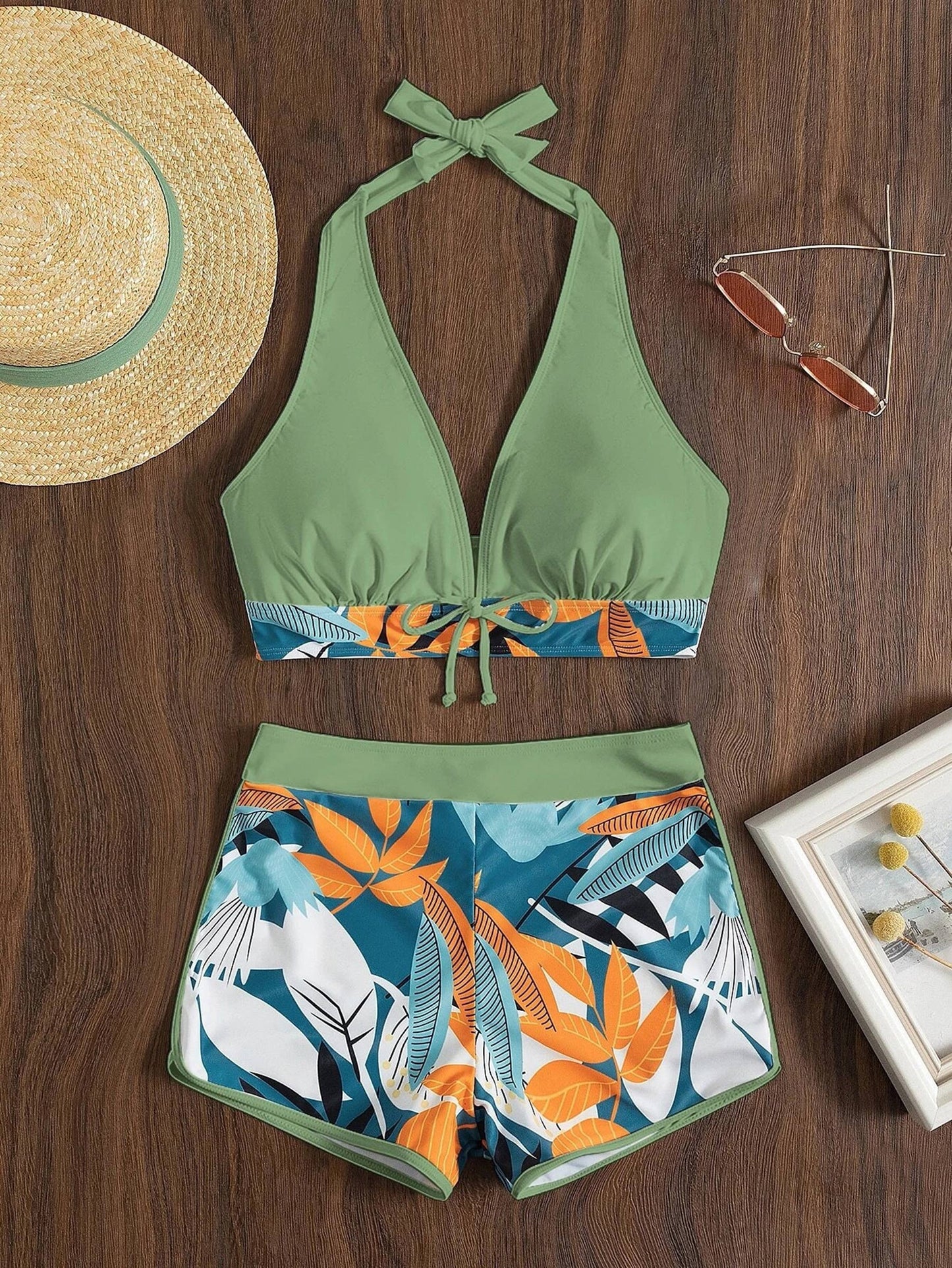 Let's Surf Split High Waist Lace Up Tropical Swimsuit