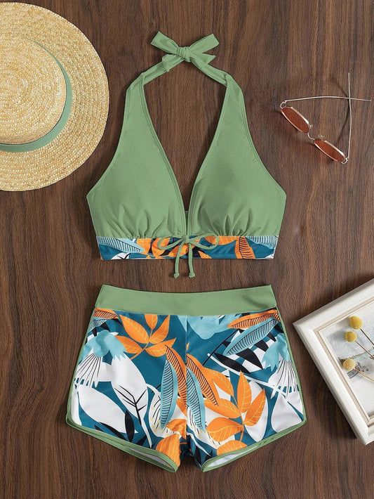 Let's Surf Split High Waist Lace Up Tropical Swimsuit
