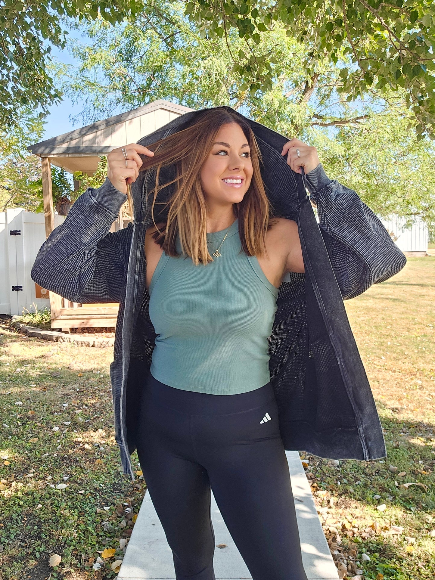 Grab And Go 100% Cotton Waffle Knit Mineral-Washed Hooded Cardigan In Black