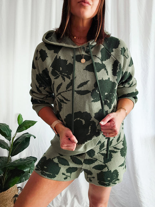 Cutesy Cottagecore Flower Pattern Drawstring Hooded Top and Shorts Sweater Set|Warehouse